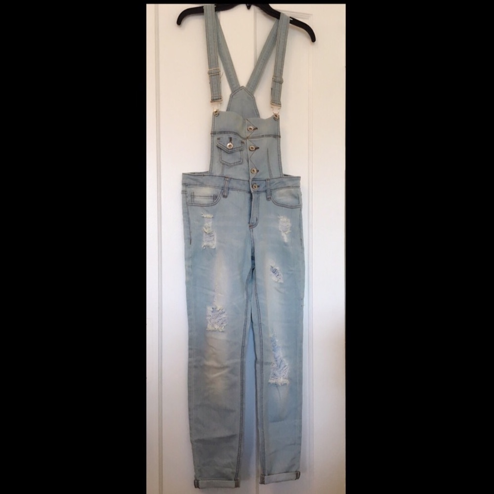 Women’s Light Blue Distressed Denim Overall